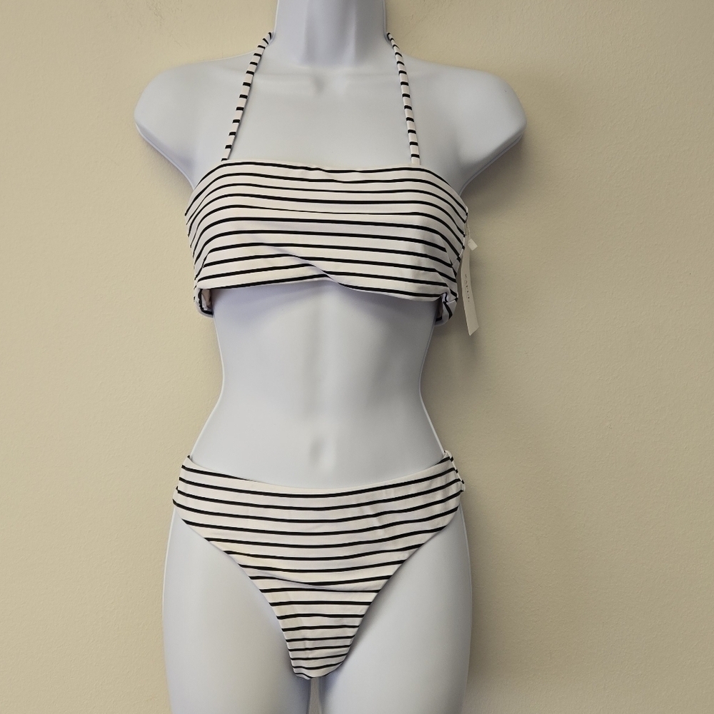 Zaful bandeau two piece bikini set black & white stripes L